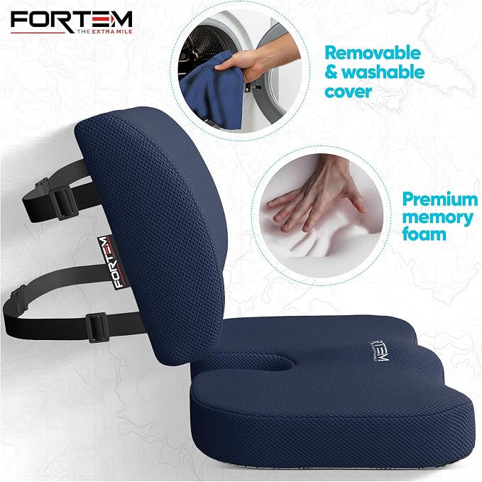 FORTEM Seat Cushion & Lumbar Support for Office Chair, Wheelchair, Car | Memory Foam | Ergonomic Design | Washable Cover | Non Slip | Blue - Image 3
