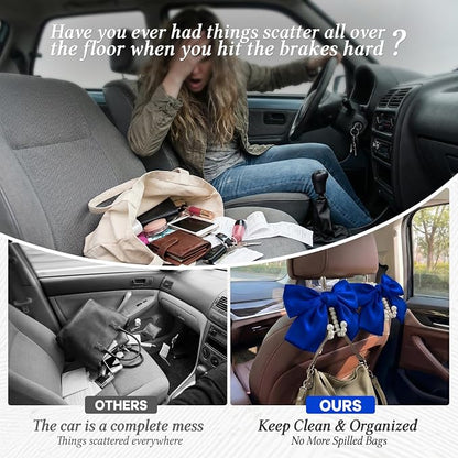 2PCS Satin Bow Pearl Car Seat Headrest Hooks – Car Bag Holder & Vehicle Hanger for Purses – Cute Coquette Aesthetic Interior Decoration – Cute Auto Organizer Accessories Universal (Deep Blue) - Image 5