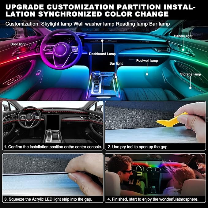 Acrylic Interior Car LED Strip Light with APP Remote Control, 4 in 1 RGB Dreamcolor Neon Flexible Strip Fiber Optic LED Ambient Lighting Kits,RGB Music Lights Sync for Inside car Decorations - Image 8