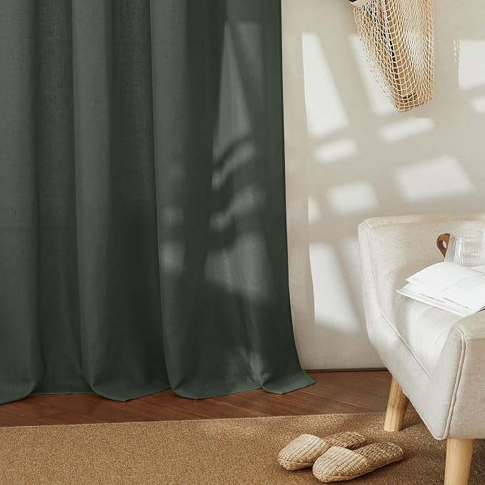 RYB HOME Linen Sheer Curtains 2 Panels for Living Room, Semi Transparent Privacy Drapes with Rod Pocket Farmhouse Style Window Treatments for Bedroom, Hunter Green, 52" W x 90" L - Image 5