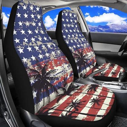 Palm Trees Front Car Seat Cover US Flag Auto Interior Accessories 2 Pcs Set Stretch Polyester Fabric Cover Patriotic All-Season Protection Suitable for Most Cars,SUV,Sedan - Image 3