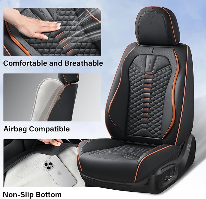 Coverado Automotive Seat Covers, Car Seat Covers Front Seats, Nappa Leather Black Orange Car Seat Cover, Waterproof Seat Cushion, 2 Pack Front Seat Covers Driver Seat Protector Fit for Most Cars SUV - Image 4