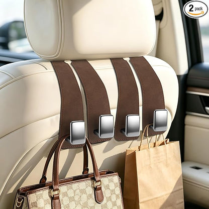 Amooca 2 Pack Car Headrest Hooks, Premium Suede with Metal Hook Car Seat Back Storage Hanger for Purses, Handbags，Grocery Bags - Brown by Amooca