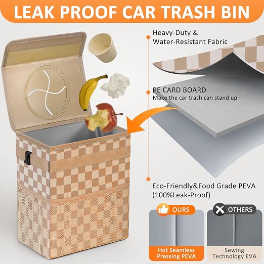 Vankor Car Trash Can with Lid Leak Proof Car Accessories for Women | 3 Gallon Cute Hanging Car Trash Bin for Men Car Truck Vehicle Interior Automotive Garbage Cans, Khaki Checkered - Image 3