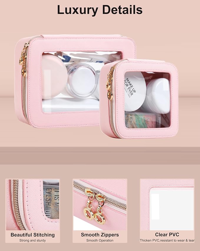Small Clear Makeup Bag for Purse, Cute Mini Clear Cosmetic Bag Case Organizer, TSA Approved Square Small Makeup Case Pouch with Zipper, Car Travel Purse Essentials for Women (Pink, S) - Image 3