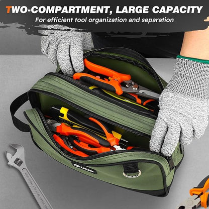 12" Small Tool Bag, Divider Zipper Pouch Tool Box Organizer | Waterproof, Heavy-duty Oxford, Smooth Zipper, Handle & D-Ring, Storage Case for Car Work Tool. Electrician Gift,Green - Image 3