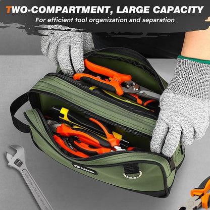 12" Tool Bag Small 2-Pack, Divider Zipper Pouch, Carry Tool Box Organizer | Waterproof, Heavy-duty Oxford, Smooth Zipper, Handle & D-Ring, Storage Case for Car Work Tool. Electrician Gift, Orange/Green - Image 2