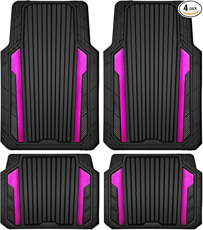 CAR PASS Heavy Duty Rubber Car Mats Metallic, Aluminum Film All Weather Floor Mats Waterproof Universal Trim to Fit for SUV Sedan Van 4 Piece Anodized Deep Dish Two-Tone Sporty Black Hot Pink Chrome by CARPASS