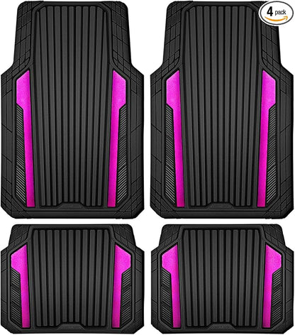 CAR PASS Heavy Duty Rubber Car Mats Metallic, Aluminum Film All Weather Floor Mats Waterproof Universal Trim to Fit for SUV Sedan Van 4 Piece Anodized Deep Dish Two-Tone Sporty Black Hot Pink Chrome by CARPASS