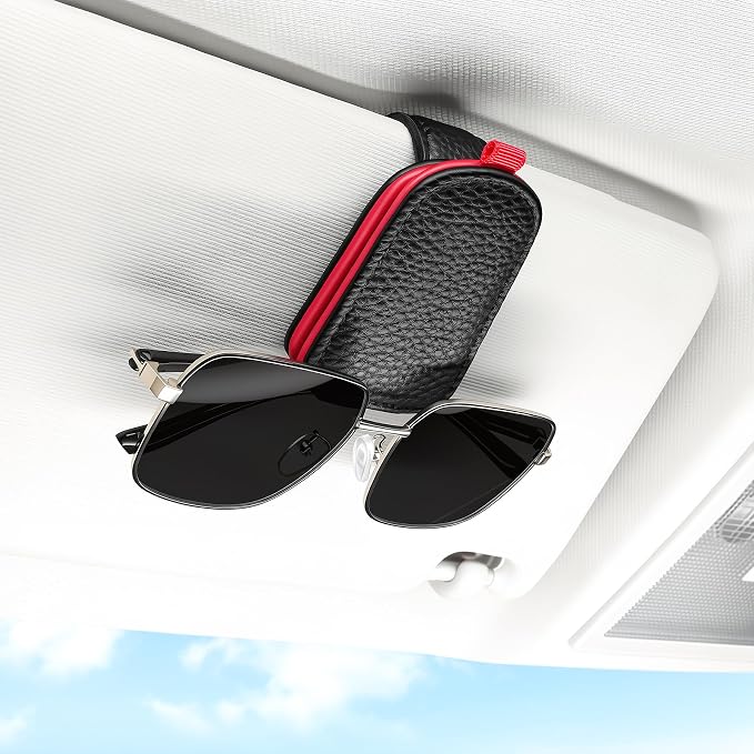 SINGARO Sunglasses Holder for Car, Leather Magnetic Buckle Sun Visor Sunglass Clip, Ticket Card Storage Glasses Clip, Car Interior Accessories for Men and Women（Black-red） by SINGARO