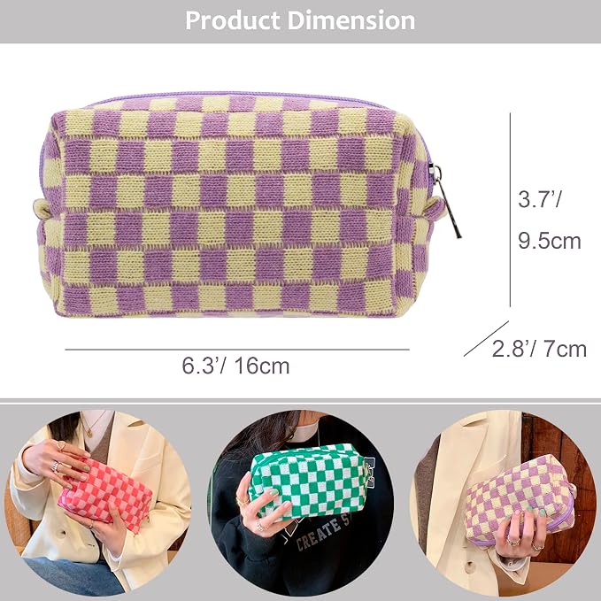 Checkered Makeup Bag for Purse, Small Travel Cosmetic Pouch,Purple,2 Pack | Cute Zipper Makeup Organizer for Women, Travel Essentials, Toiletries, Makeup Brushes, Beauty Accessories&Bridesmaid Gifts - Image 2