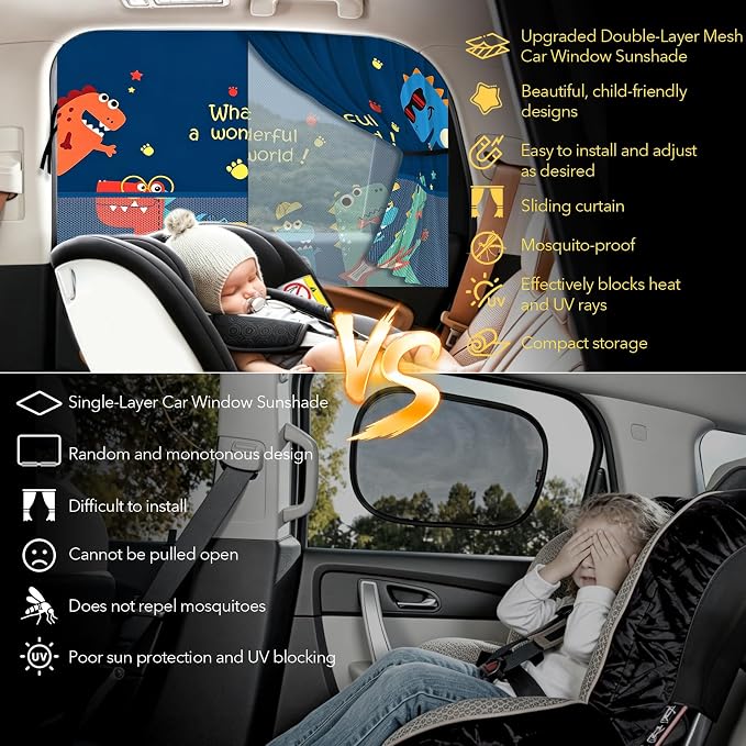 LEIWOOR 2-Pack Magnetic 2 Layers UV Protection Car Window Shades for Baby | Privacy full/half shade car back side window shades with net pocket, breathable heat block curtain for truck van sedan SUV - Image 4