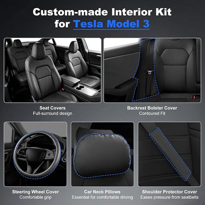 AOMSAZTO Seat Cover for Tesla Model 3 2024-2025(Not Performance) | Faux Leather,Waterproof,Airbag Compatible,5-Pieces Set with Seatbelt,Steering Wheel Covers,Side Bolster Cover&Headrests-Black - Image 3