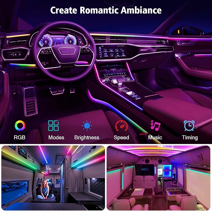 118" Acrylic Interior Car Lights with Smart APP RGB 2 in 1 (2 * 59in) | USB Powered Ambient Lighting Kits, 0.08in Ultra-Thin Thickness Car LED Strip Light Music Sync Neon Strip for Vehicle - Image 4