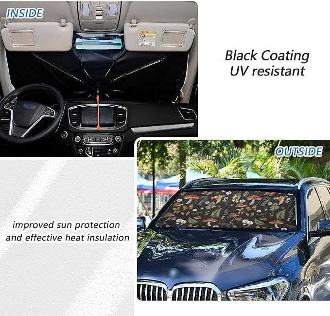 Mushrooms Windshield Sun Shade Umbrella Vintage Flower Butterfly Dragonfly Foldable Car Front Window Sunshade Blocks UV Rays Heat Keep Vehicle Cool (55" x 27.5") - Image 4