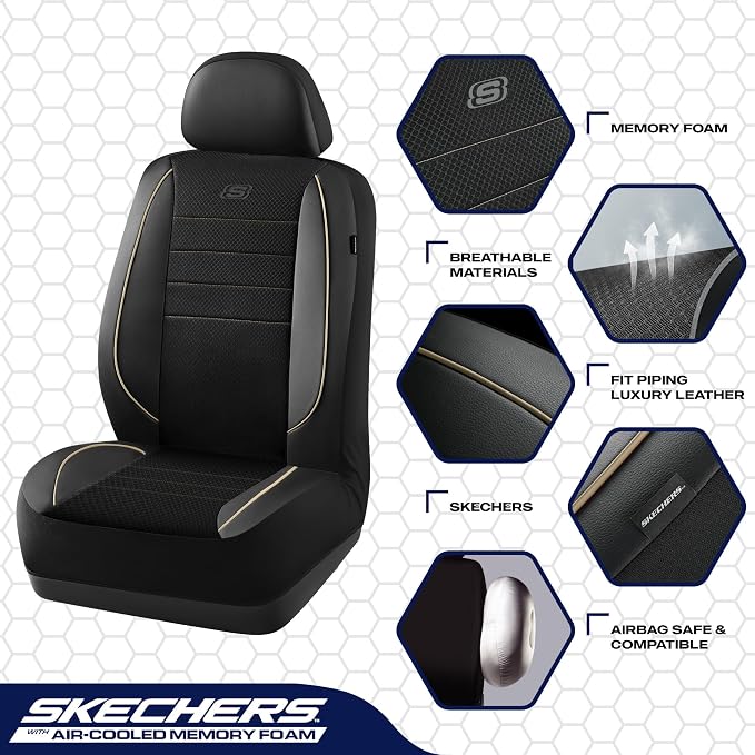 Skechers Air-Cooled Memory Foam Seat Cover, Mesh Thick Car Seat Covers,Piping Leather Car Seat Cover Full Sets,Airbag Compatible,Automotive Comfort Universal Fit Most Cars,Vans,Trucks,SUV,Beige - Image 4
