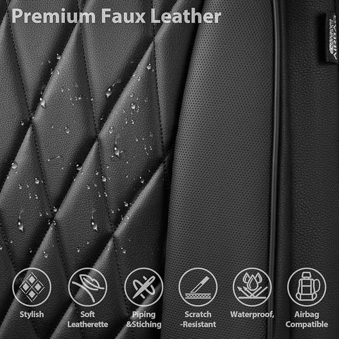 CAR PASS Piping Luxury Faux PU Leather Two Front Car Seat Covers, Waterproof Anti Slip Seat Covers Compatible with Front Seat Armrests,Universal Fit for Suvs,Vans,Trucks, Airbag Compatible(All Black) - Image 4