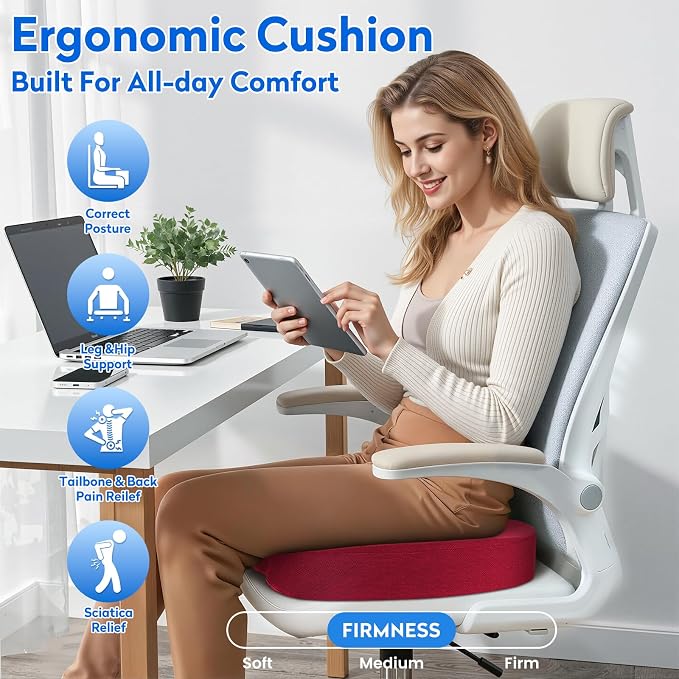 CushZone XXL Memory Foam Seat Cushion for Office & Car, Red | U-shaped Coccyx Cutout, Contoured Design, Breathable Removable Mesh Cover, Non-Slip Base, Carry Handle - Image 6