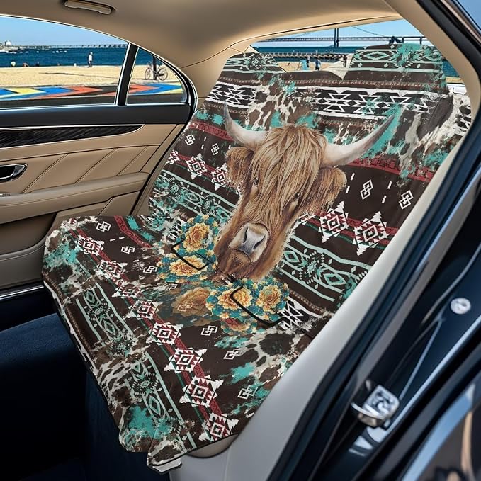 Highland Cattle Aztec American Tribal Pattern Dog Car Seat Cover for Back Seat, Auto Back Seat Cover Heavy Duty Scratch-Proof Waterproof Rear Bench Towel Seat Covers by LACIYISON