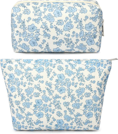 SOIDRAM 2 Pcs Makeup Bag Large Cosmetic Bag Toiletry Bag Makeup Pouch Travel Bag Organizer Cute Makeup Brushes Aesthetic Accessories Storage Bag for Women Blue Floral by SOIDRAM