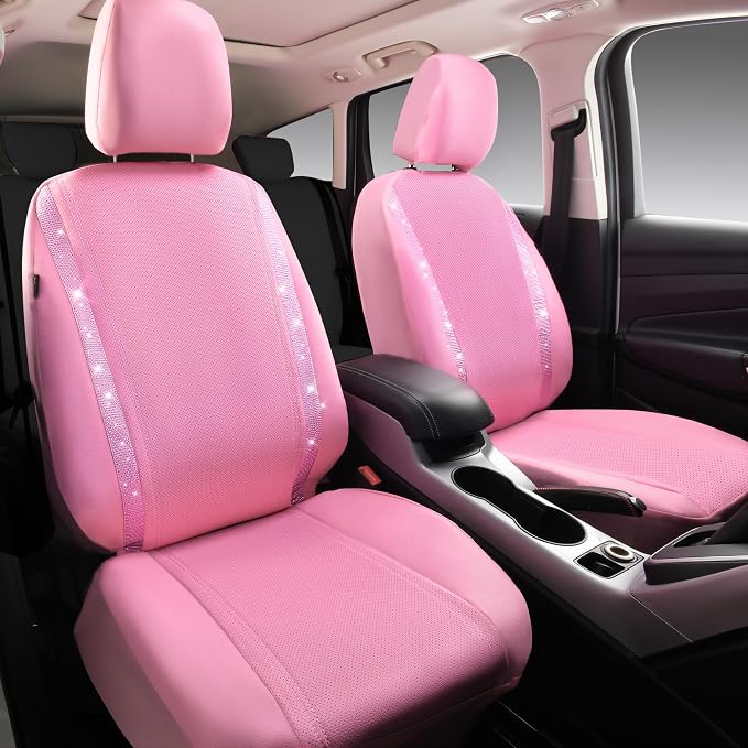 CAR PASS Bling Diamond Car Seat Covers, Shining Rhinestone Waterproof Faux Leather Pink Car Accessories Two Front Only Universal Fit Auto Glitter Crystal Sparkle Strips for Cute Women Girl, Pink - Image 2