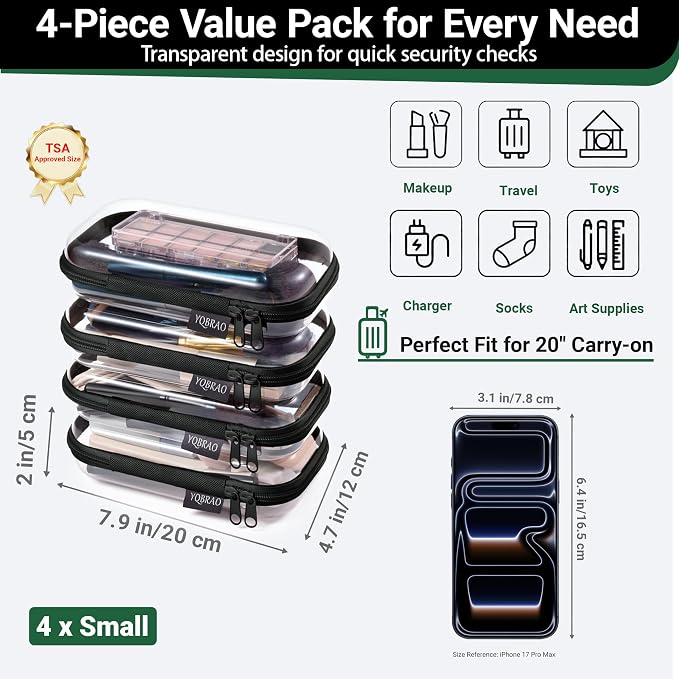 YQBRAO Clear Hard Shell Zipper Cases, 4 Small Cable Organizers, Black | Rigid 1.2 mm PET and YKK dual zippers for cosmetics, charging cords, pens and travel accessories - Image 4