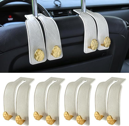 Leather Car Purse Hook for Headrest, 4 Pack (White-Gold) | Twin Hooks Headrest Hangers, 2/4 Pack, No-Slip, Scratch-Proof, Holds Purses, Backpacks, Grocery Bags, Car Organizer Gift by Fashion