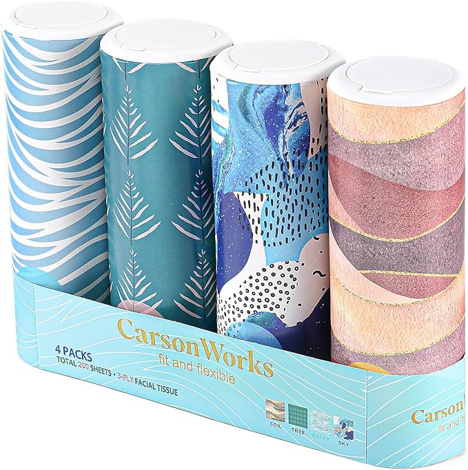 Car Tissues Cylinder 4 Packs Round Tissue Box Holder Fit for Car Cup Holder, Home Small Tissue Dispenser with Facial Tissues for Car Bathroom Office Travel by CarsonWorks