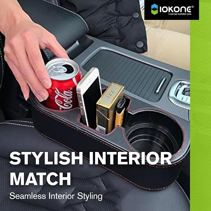 IOKONE Car Cup Holder, PU Leather, Car Seat Gap Filler Organizer, Black | Console Side Pocket, Front Seat Organizer, Drink Holder for Car, Universal Fit, Easy Installation, Cell Mobile Phone Holder - Image 9