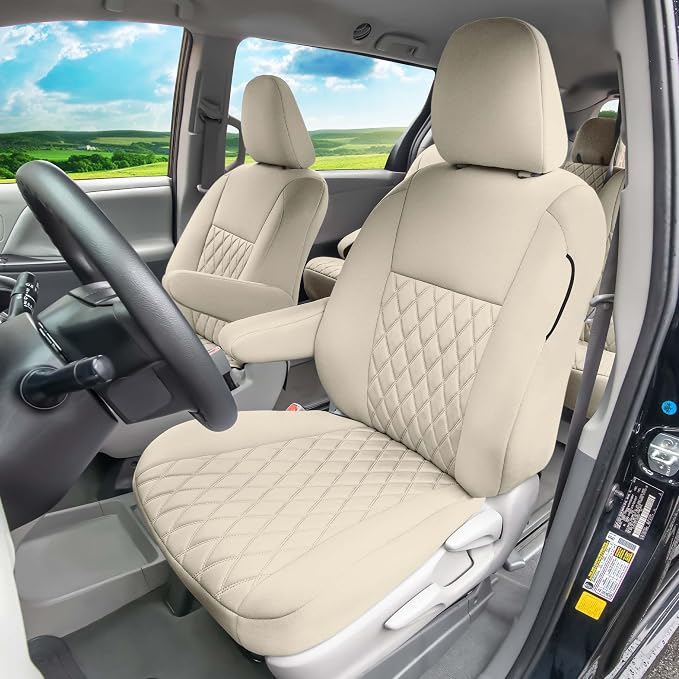 FH Group Custom Fit Car Seat Covers Specifically Made for Toyota Sienna 2011-2020, Car Seat Cover Full Set, 8 Seater Automotive Seat Covers in Solid Beige Neoprene, Waterproof and Washable Seat Covers - Image 3