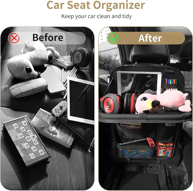 LUCMO Car Backseat Organizer with Foldable Tablet Holder, Black | 2 Pcs,6 Storage Pockets,Foldable Food Tray,Protectors Kick Mats,Travel Accessories,Seat Cover,Road Trip Essentials - Image 2