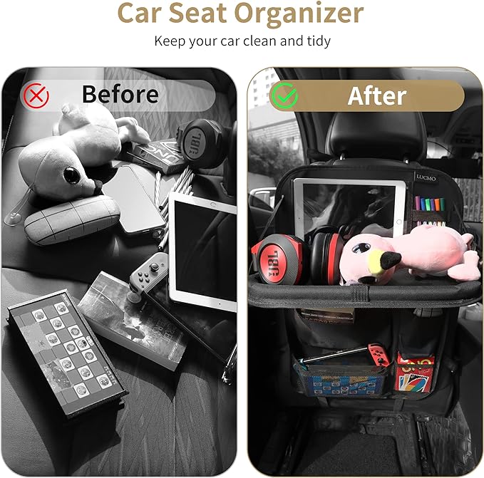 LUCMO Car Backseat Organizer with Foldable Tablet Holder, Black | 6 Storage Pockets,Foldable Food Tray,Protectors Kick Mats,Travel Accessories,Seat Cover,Road Trip Essentials - Image 8