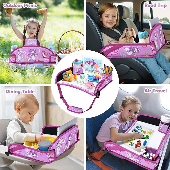 Toddler Car Seat Travel Tray FOR Road Trip Activities, 1PCS Mermaid | With 16.7" x 13.4" Smooth Dry Erase Board, Cup holders, Ddjustable Strap & Shoulder Carry Strap - Image 8