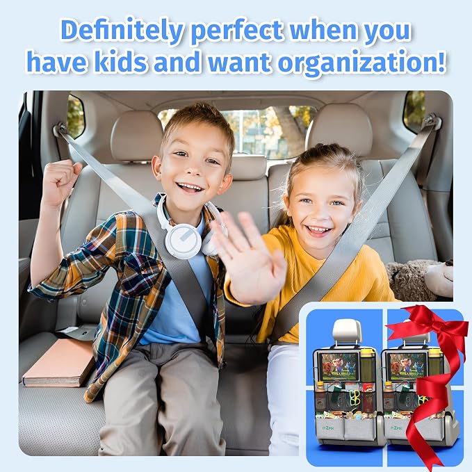 Car Backseat Organizer with Tablet Holder,11 Storage Pockets with Foldable Food Tray, Protector Kick Mats for Kids, Travel Accessories Organizer (Gray, 2-Pack) - Image 7