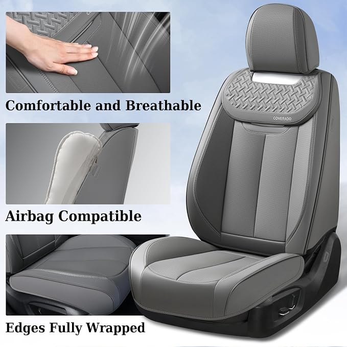 Coverado Car Seat Covers Full Set, Luxury Leather Car Seat Cover, Front and Back Seat Covers for Cars, Waterproof Car Seat Protector, Automotive Seat Covers Universal Fit Most Cars(Gray) - Image 7