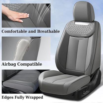 Coverado Car Seat Covers Full Set, Luxury Leather Car Seat Cover, Front and Back Seat Covers for Cars, Waterproof Car Seat Protector, Automotive Seat Covers Universal Fit Most Cars(Gray) - Image 7