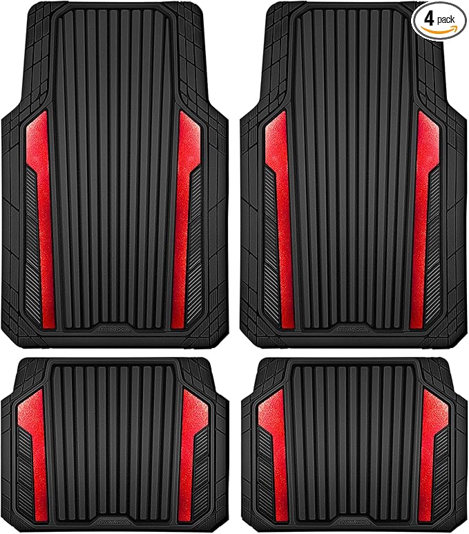 CAR PASS Heavy Duty Rubber Car Mats Metallic, Aluminum Film All Weather Floor Mats Waterproof Universal Trim to Fit Automotive SUV Sedan Van 4 Piece Anodized Deep Dish Two-Tone Sporty Black Red Chrome by CARPASS