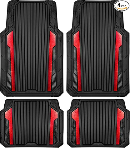 CAR PASS Heavy Duty Rubber Car Mats Metallic, Aluminum Film All Weather Floor Mats Waterproof Universal Trim to Fit Automotive SUV Sedan Van 4 Piece Anodized Deep Dish Two-Tone Sporty Black Red Chrome by CARPASS