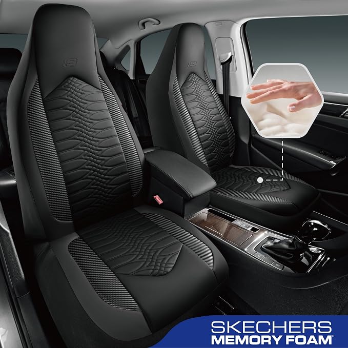 Skechers Memory Foam Car Seat Covers, Leather High Back Seat Covers Quilting Design,Waterproof Sports Car Seat Covers Front Seats,Airbag Compatible Universal Fit for Most Cars, SUVs,Trucks,Black - Image 2