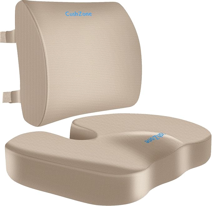 CushZone X-Large Seat Cushion and Lumbar Support Pillow for Office, Khaki | Thick Memory Foam for Sciatica Pain Relief & Posture Correction, Non-Slip Chair Cushions for Car, Wheelchair and Travel by CushZone