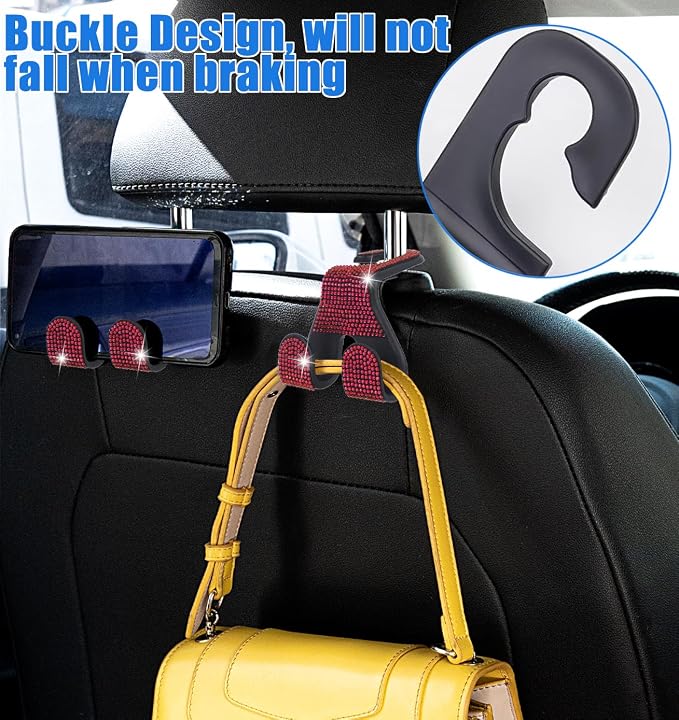 Bling Car Purse Hooks 2Pcs, Rhinestones Car Headrest Hook Backseat | Double Hooks,Holds 44Lbs,Wide Opening,Durable Nylon,Car Seat Hook,Purse Holder,Bling Car Accessories for Women,Red - Image 5