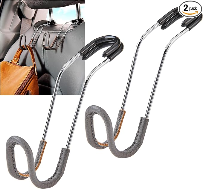 High Road Car Hooks for Purses and Bags with Leather Trim - Unbreakable Headrest Car Hooks for Large Purse Straps and Heavy Bags up to 40 lbs - Secure Attachment Loops Fit All Headrest Posts, 2-Pack by HighRoad