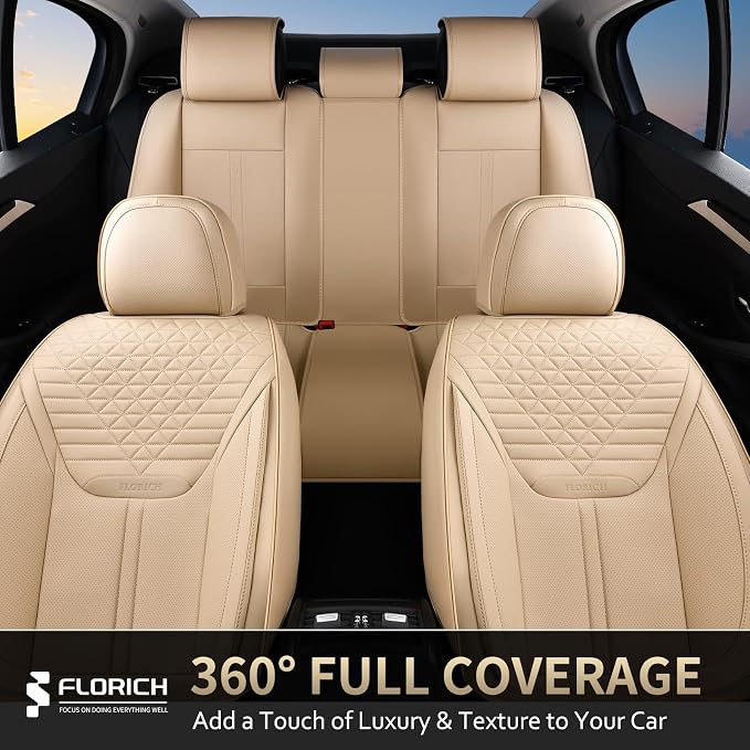 Seat Covers, Car Seat Covers Full Set, Luxury Nappa Leather Seat Covers, Breathable and Waterproof Car Seat Protector 5 Seat, Automotive Seat Covers Universal Fit for Most Cars-Beige - Image 4
