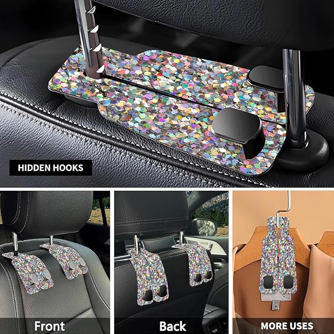 Car Seat Headrest Hook, Universal Leather Cute Hanger Holder Hook, Storage Organizer Interior Accessories for Purse Bags Handbag Glitter Colorful Pattern - Image 3