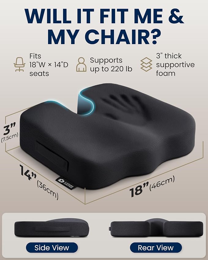 5 STARS UNITED Seat Cushion - Memory Foam Chair Cushion for Tailbone Pain Relief - Ergonomic Support for Coccyx, Sciatica & Butt - Office, Desk & Gaming Chair, Car Seat, Wheelchair, Airplane, Black - Image 5