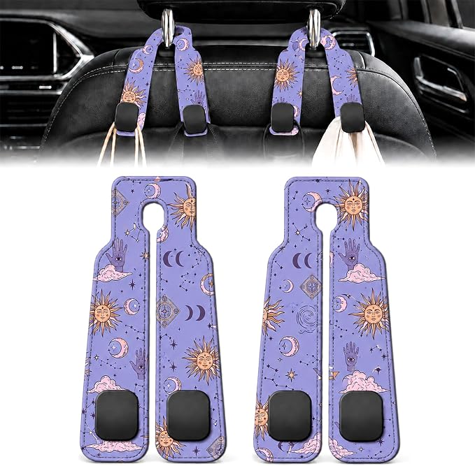 2 Pack Celestial Sun Moon Car Headrest Hooks for Purse Seat Hanger | Celestial Boho Car Accessories Metal Hook,Astrology Gifts for Women,PU Leather Double Hook for Backseat Organizer by Unknown