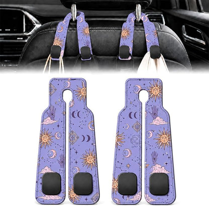 2 Pack Celestial Sun Moon Car Headrest Hooks for Purse Seat Hanger | Celestial Boho Car Accessories Metal Hook,Astrology Gifts for Women,PU Leather Double Hook for Backseat Organizer by Unknown