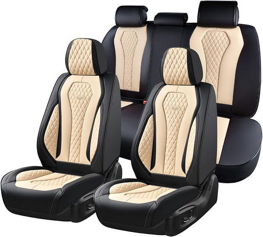 Coverado Car Seat Covers, Leather Seat Covers Full Set, Beige Seat Covers, Car Seat Cushion, Driver Car Seat Covers, Waterproof Car Seat Protector Fit for Most Cars by COVERADOAUTO