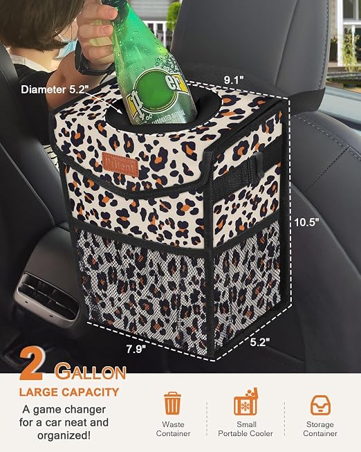Pritent Car Trash Can with Lid Leakproof Car Garbage Bag Vehicle Trash Bin | Hanging Automotive Garbage Can,Multipurpose Car Accessories for Women Men Interior Car Storage Organizer(2 Gal,Leopard) - Image 2