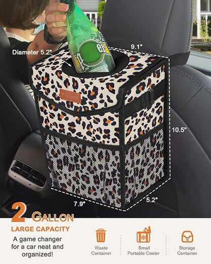 Pritent Car Trash Can with Lid Leakproof Car Garbage Bag Vehicle Trash Bin | Hanging Automotive Garbage Can,Multipurpose Car Accessories for Women Men Interior Car Storage Organizer(2 Gal,Leopard) - Image 2